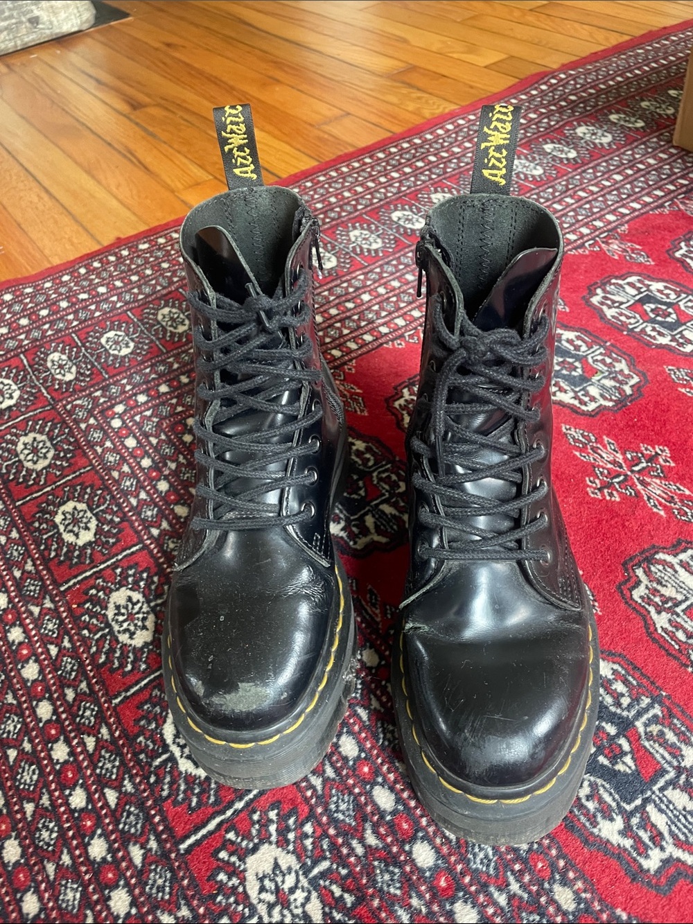Dr. Martens Black Leather Platform Lace-Up Boots with Yellow Stitching